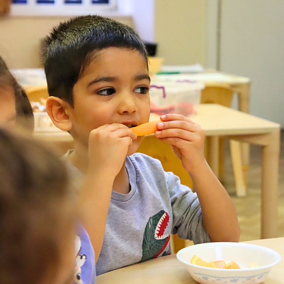 A Great Learner eating an orange piece